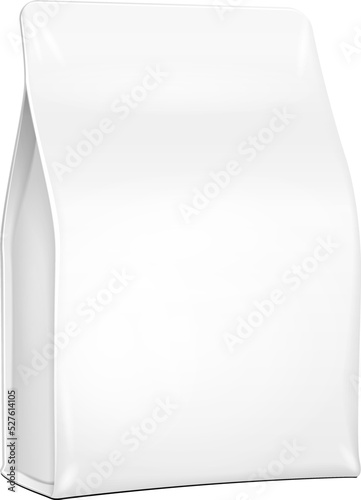 White Plastic, Foil Paper Food Bag Package Of Coffee, Spices Or Flour. Grayscale. Illustration Isolated On White Background. Mock Up Template Ready For Your Design. Product Packing Vector EPS10