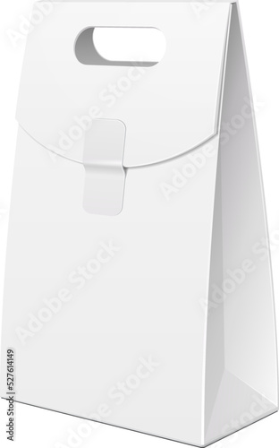 White Cardboard Carry Box Bag Packaging For Food, Gift Or Other Products. Illustration Isolated On White Background. Mock Up Template Ready For Your Design. Product Packing Vector EPS10