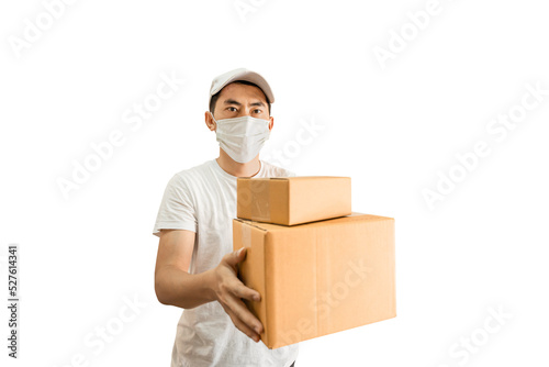 Young Asian delivery man wearing cap and white blank t-shirt holding parcel post box on transparent background - PNG format.