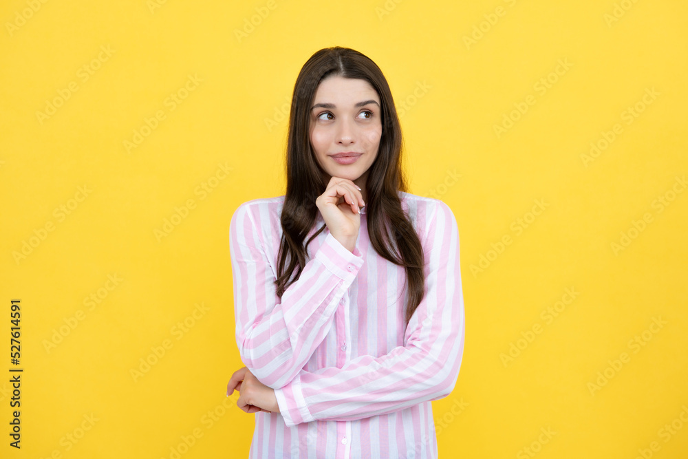 Portrait of young woman thinking, looking up empty space. Thoughtful serious model in studio looking away. Girl thought choose decide solve problems. Portrait of young woman thinking, looking up empty space. Thoughtful serious model in studio looking away. Girl thought choose decide solve problems.