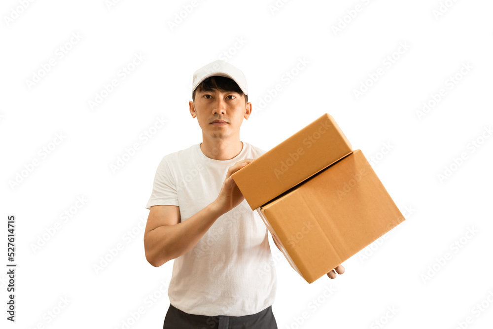 Young Asian delivery man wearing cap and white blank t-shirt holding parcel post box on transparent background - PNG format. Young Asian delivery man wearing cap and white blank t-shirt holding parcel post box on transparent background - PNG format.