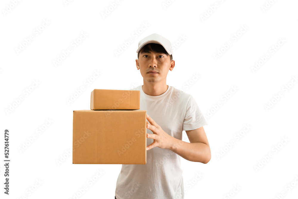 Young Asian delivery man wearing cap and white blank t-shirt holding parcel post box on transparent background - PNG format. Young Asian delivery man wearing cap and white blank t-shirt holding parcel post box on transparent background - PNG format.