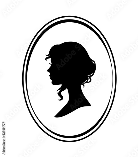 Vector black silhouette of a beautiful woman's head in a round frame on white background