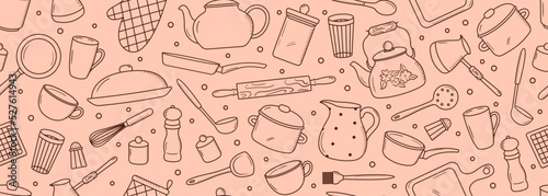 Seamless vector banner with outline kitchen tools doodles. Background with hand drawn silhouettes of vintage kitchenware. Tableware items pattern