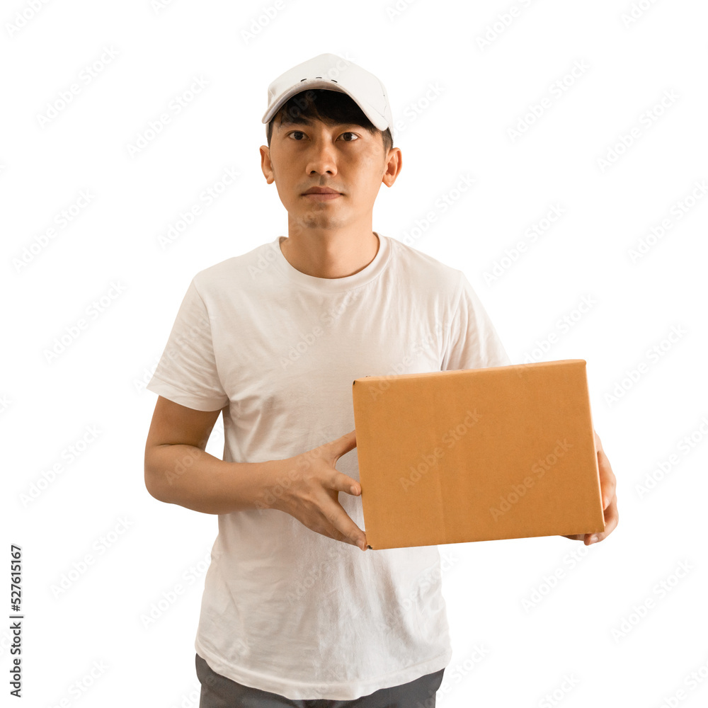 Young Asian delivery man wearing cap and white blank t-shirt holding parcel post box on transparent background - PNG format. Young Asian delivery man wearing cap and white blank t-shirt holding parcel post box on transparent background - PNG format.