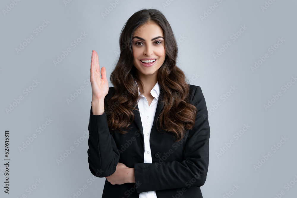 Portrait of young woman pointing her finger in eureka sign, having great innovative idea, solution just got. Happiness business woman face. Portrait of young woman pointing her finger in eureka sign, having great innovative idea, solution just got. Happiness business woman face.