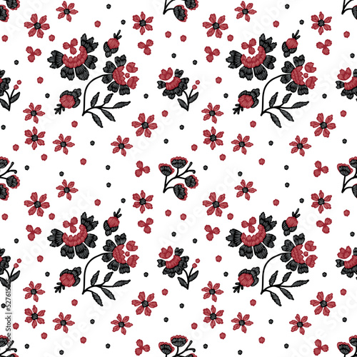 Seamless pattern with stylized red and black ukrainian folk floral elements. Ethnic ornament based on national embroidery tradition. Can be used for decoration, surface and paper print design