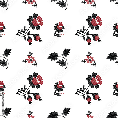 Set of seamless patterns with stylized red and black ukrainian folk floral elements. Ethnic ornament based on national embroidery tradition. Can be used for decoration, surface and paper print design