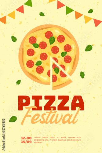 Pizza Festival Flyer Template. Pizza fest poster. Illustration of pepperoni pizza