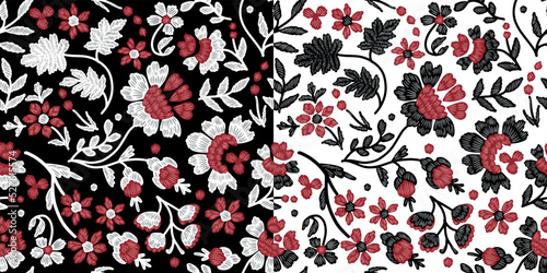 Set of seamless patterns with stylized red and black ukrainian folk floral elements. Ethnic ornament based on national embroidery tradition. Can be used for decoration, surface and paper print design