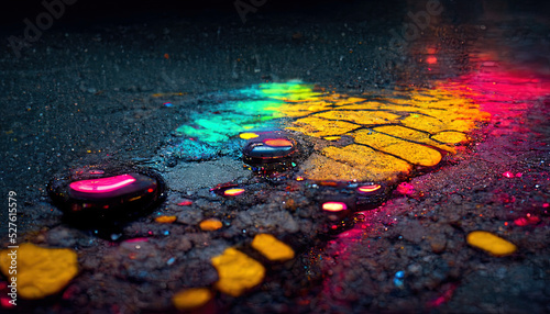 Empty night street scene. Night rain, puddles on the pavement, the reflection of city neon lights in the water. Blurred bokeh background. Wet asphalt. Neon colorful light. 3D illustration. © MiaStendal