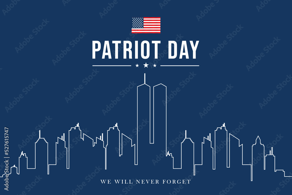 Twin Towers in New York City Skyline. September 11, 2001 vector poster. Patriot Day, September 11, We will never forget