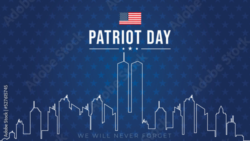 Twin Towers in New York City Skyline. September 11, 2001 vector poster. Patriot Day, September 11, We will never forget, Background with New York City Silhouette.