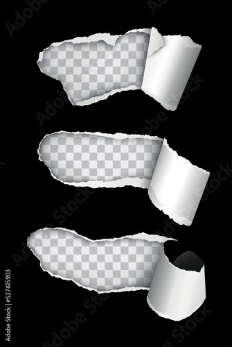 Vector set of realistic torn black paper holes with rolled edge on transparent background - frame for your text or design