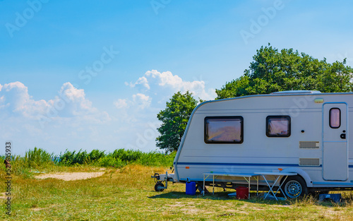 Caravan trailer camping on nature