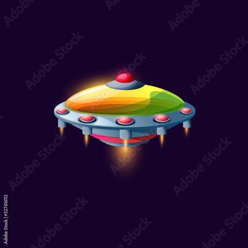 Alien craft cartoon spacecraft isolated ufo saucer ship icon. Vector cosmos galaxy invader spaceship, ui game animation design element, satellite. Spaceship extraterrestrial station, futuristic object