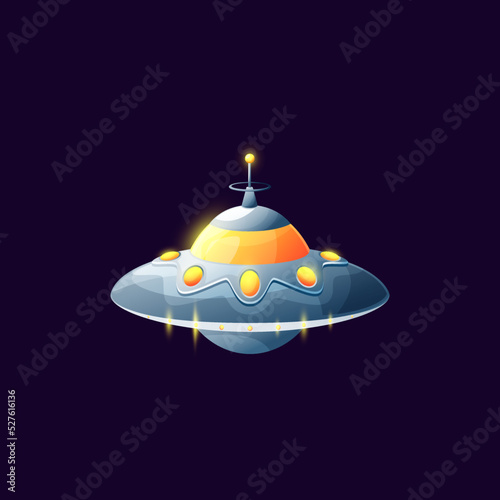 Unknown flying object invader spaceship intergalactic flying object isolated. Vector extraterrestrial alien spaceship with dome, toy cartoon craft ufo, animation game design element. Sci fi saucer