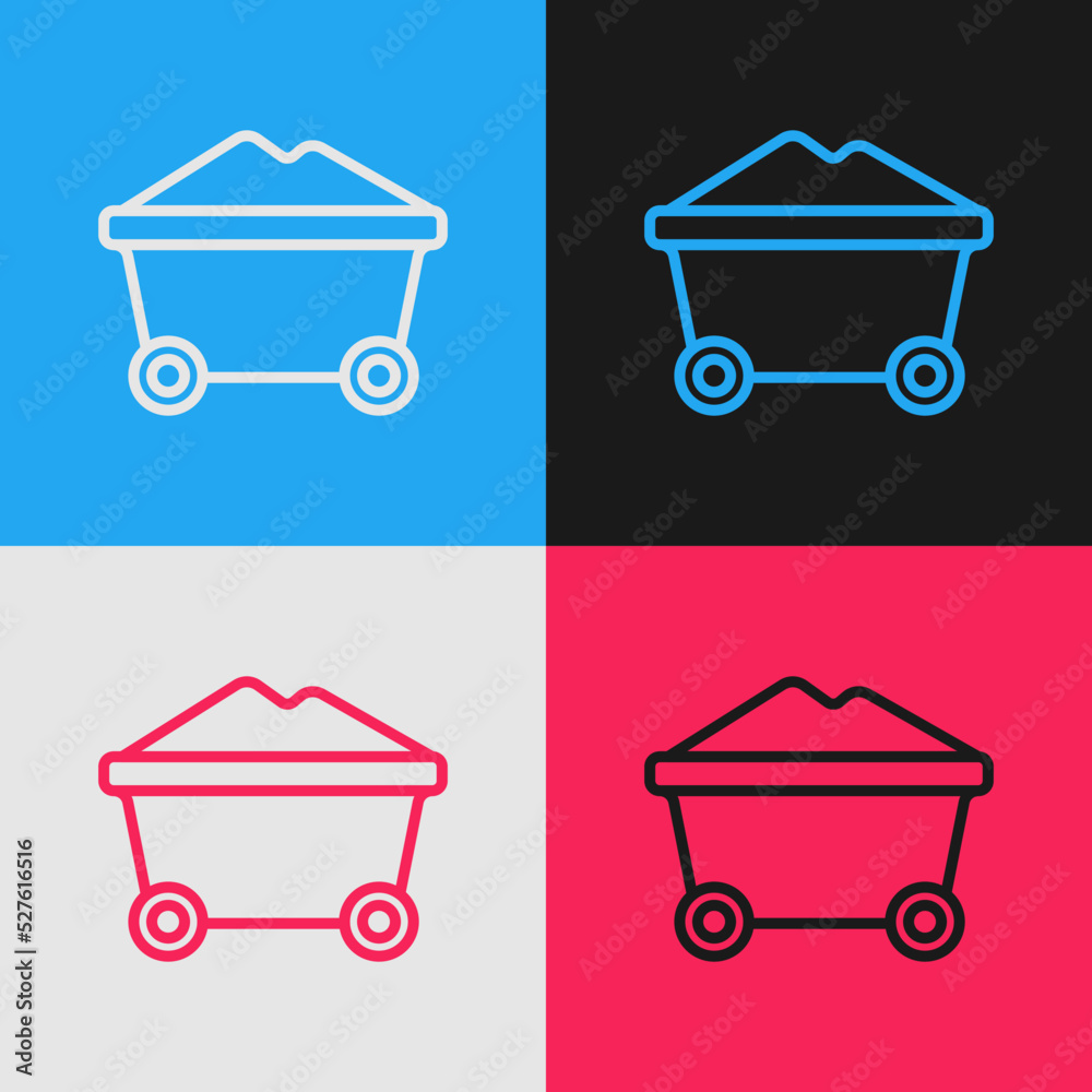 Pop art line Coal mine trolley icon isolated on color background. Factory coal mine trolley. Vector