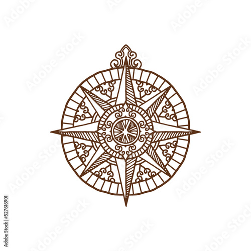 Compass in retro style, vintage navigation and orientation instrument isolated antique medieval map with round dial. Marine tool showing geographic cardinal points, voyage journey nautical guide