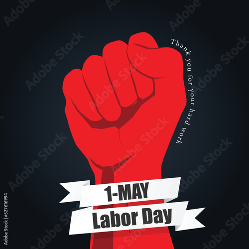 International Labour Day Vector Poster. Happy Labour Day. 1st May with red hand on black background. Thank you for your hard work.