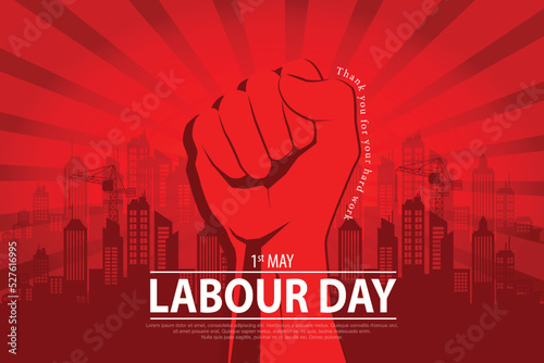 International Labour Day Vector Poster. Happy Labour Day. 1st May with red hand on red background. Thank you for your hard work.