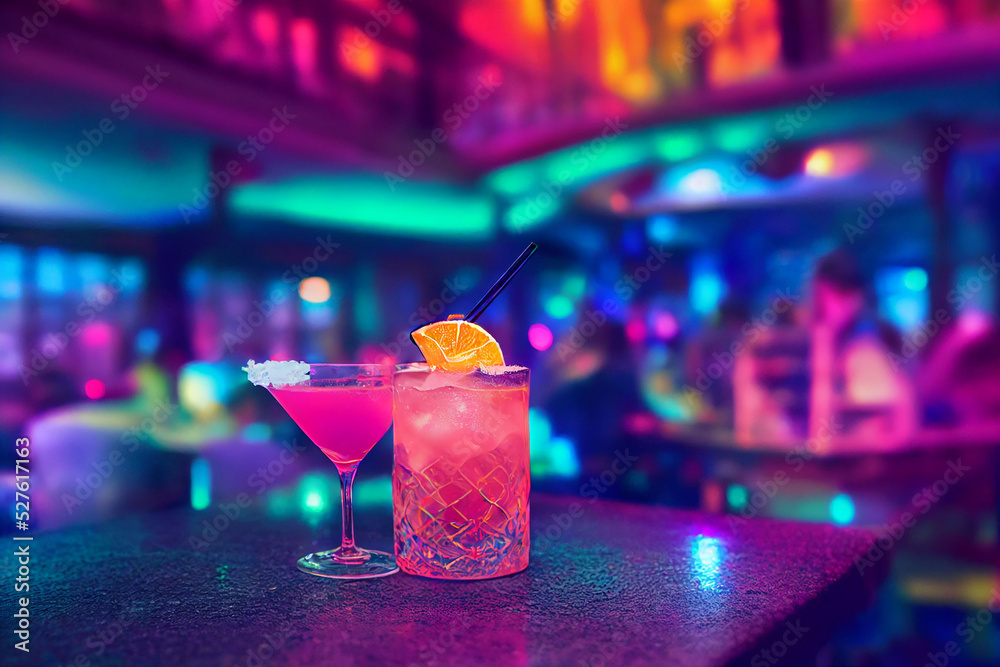 The colorful cocktails on the bar counter, 3D rendering. - obrazy, fototapety, plakaty 