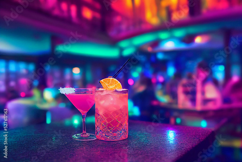 Print op canvas The colorful cocktails on the bar counter, 3D rendering.