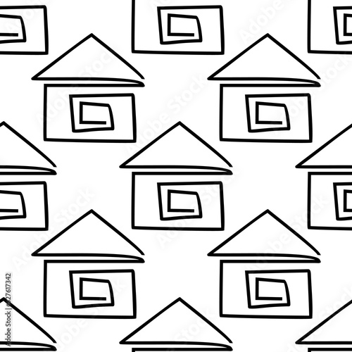 house one line. seamless pattern black and white. stylized house. housing. wallpaper construction