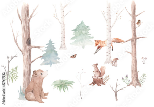 Watercolor Forest Animals Scene, Mushrooms, Pattern, Fox, Bear, Squirrel, Sparrow, Butterfly, Rabbit, Christmas Trees, Nursery Decor Plants, Wall Stickers, Wallpaper, Wall Art, Fabric, Digital Paper
