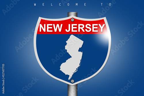 New Jersey on highway road sign over blue background