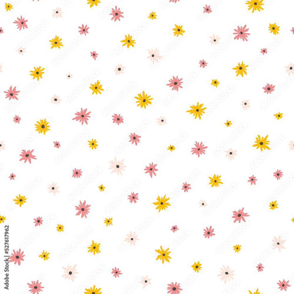 Chamomile floral mille fleur seamless pattern on white background. Small colorful summer flowers in simple scandinavian cartoon doodle style perfect for textile, wallpaper, fabric.