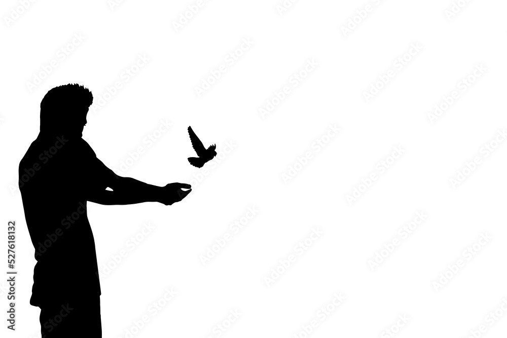 Silhouette of a Man releasing a bird vector illustration, freedom concept, bird set free. Bird released from hands. Servitude