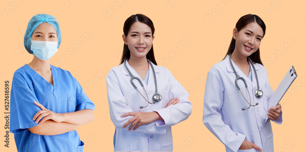 A smiling Asian female doctor, surgeon, puts a stethoscope on her shoulder. wearing a white robe holding a note board Professional healthcare professionals working in hospitals or medical clinics. med A smiling Asian female doctor, surgeon, puts a stethoscope on her shoulder. wearing a white robe holding a note board Professional healthcare professionals working in hospitals or medical clinics. med