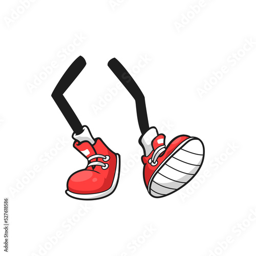 Funny cartoon legs of human athletic character dancing, funny kids footwear isolated. Vector color trainers, urban style feet. Legs bent in knee running jogging comic red sport shoes on white sole