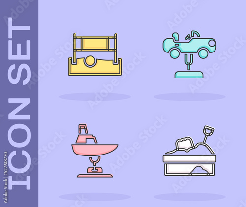 Set Sandbox with sand, Volleyball net ball, Swing boat and car icon. Vector