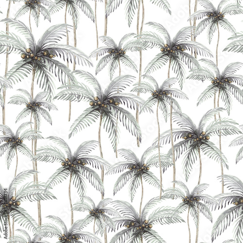 Tropical watercolor birds hummingbird  monkey and jaguar  exotic jungle plants palm banana leaves flowers  flamingo pastel color seamless pattern fabric background