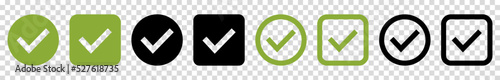 Check mark icons. Circle and square. Approval check in black and green color. Vector illustration isolated on transparent background