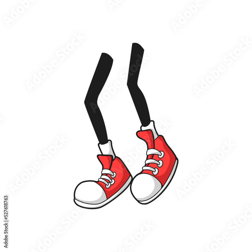 Human legs in jump isolated comic limbs flat cartoon feet. Vector red training sneakers with white toe and sole, urban teenager style footwear, cute athletic boots with laces, running jogging shoes © Vector Tradition