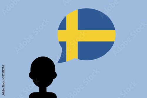 Sweden flag with speech balloon, silhouette man with country flag, learning Swedish language