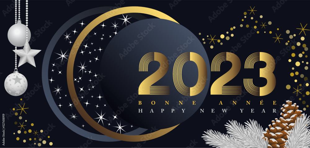 2023-Affiche, bannière ou carte de vœux, noire, blanche et or, pour fêter le nouvel an, sur le thème de l’espace en hiver - texte français et anglais - traduction bonne année.