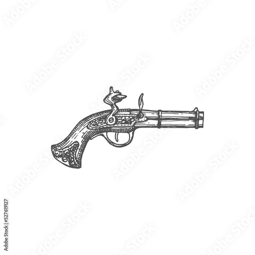 Musket gun weapon of pirates isolated monochrome sketch icon. Vector ancient shotgun rifle with gunpowder and coupler trigger, medieval firearm antique shotgun, firelock rifle, gunnery arsenal