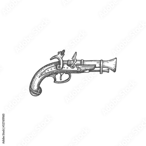 Retro musket duel gun weapon of pirates and cowboys isolated monochrome sketch icon. Vector ancient shotgun rifle with trigger, firearm antique shotgun firelock rifle, gunnery arsenal object photo