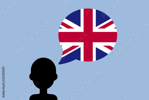 United Kingdom flag with speech balloon, silhouette man with country flag, learning British language