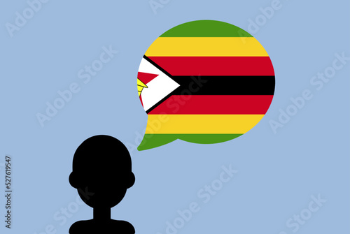 Zimbabwe flag with speech balloon, silhouette man with country flag, learning Chewa language