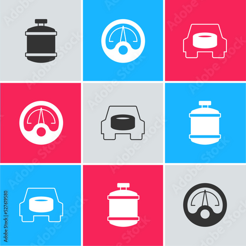 Set Propane gas tank, Motor gauge and Spare wheel in the car icon. Vector