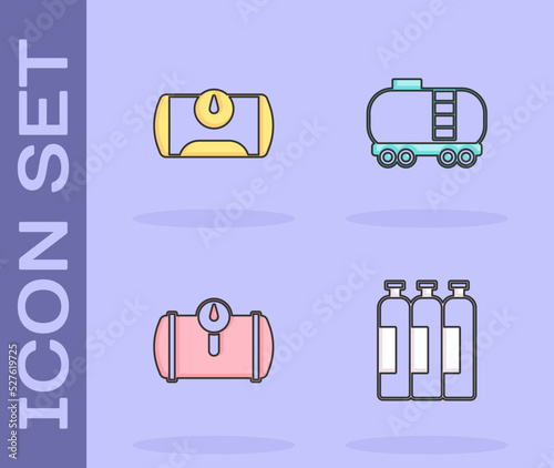 Set Industrial gas cylinder tank, Gas for vehicle, and Oil railway cistern icon. Vector
