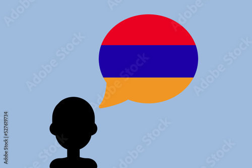 Armenia flag with speech balloon, silhouette man with country flag, learning Armenian language