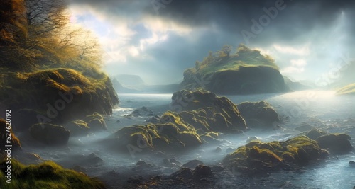 Rocks overgrown with grass and trees in the haze rising from the water of the river. Harsh and beautiful Irish landscape. Natural wallpaper. Impressive scene.