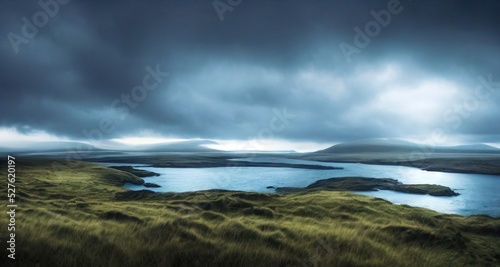 Endless fields of emerald grass against a gloomy stormy sky. Harsh and beautiful Irish landscape. Natural wallpaper. Impressive scene.