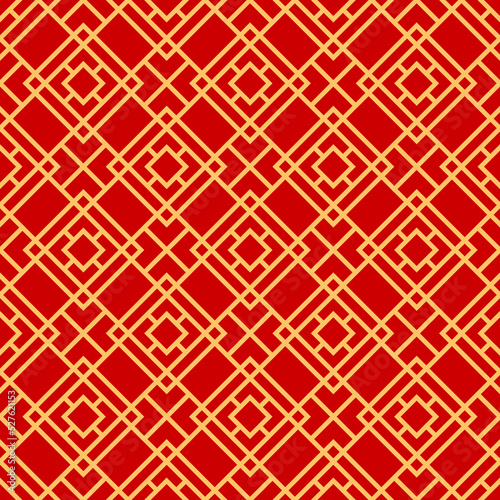 Traditional asian seamless pattern korean, chinese and japanese ornament. Vector oriental ornament in golden red colors, wallpaper textile design elements. Moroccan or islam tile, baroque background